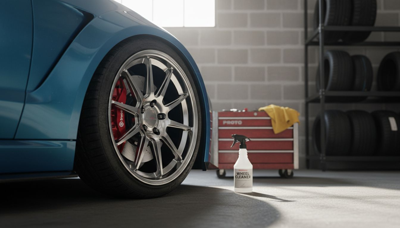 Show car wheel detail in garage environment