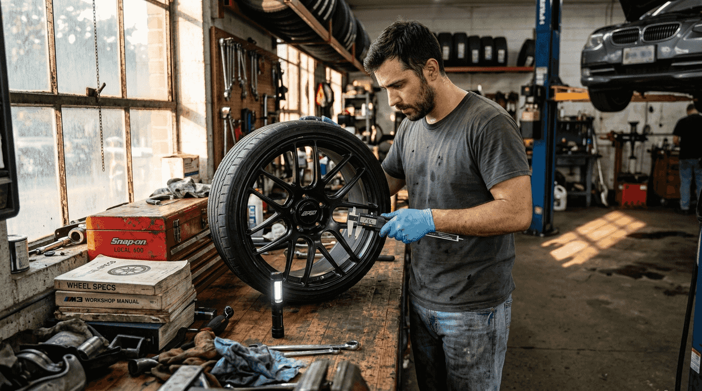 Technician inspecting forged wheel in garage