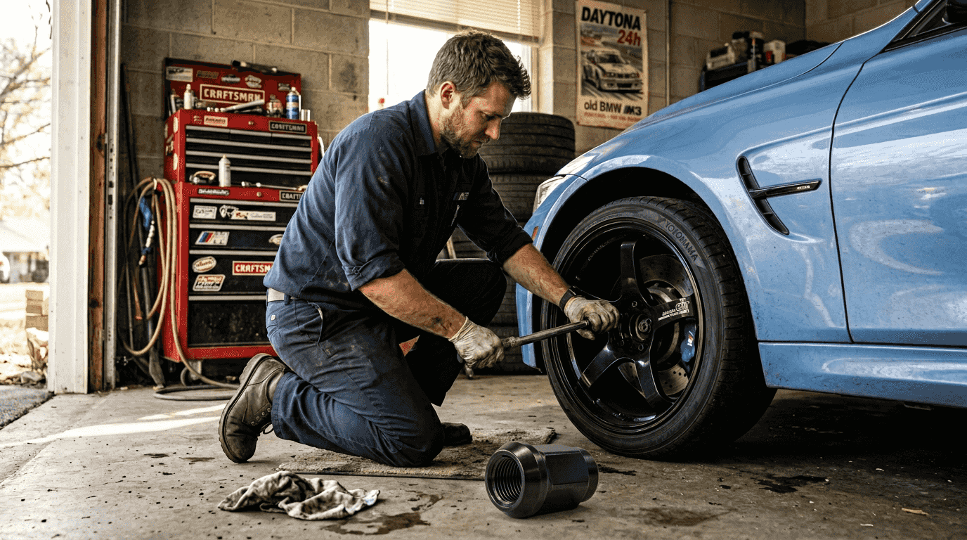 Mechanic installing lightweight racing wheel on BMW