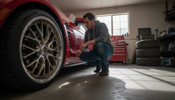 Enthusiast inspecting performance wheels in garage
