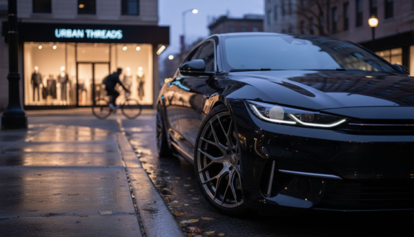 Luxury car with custom wheels on city street