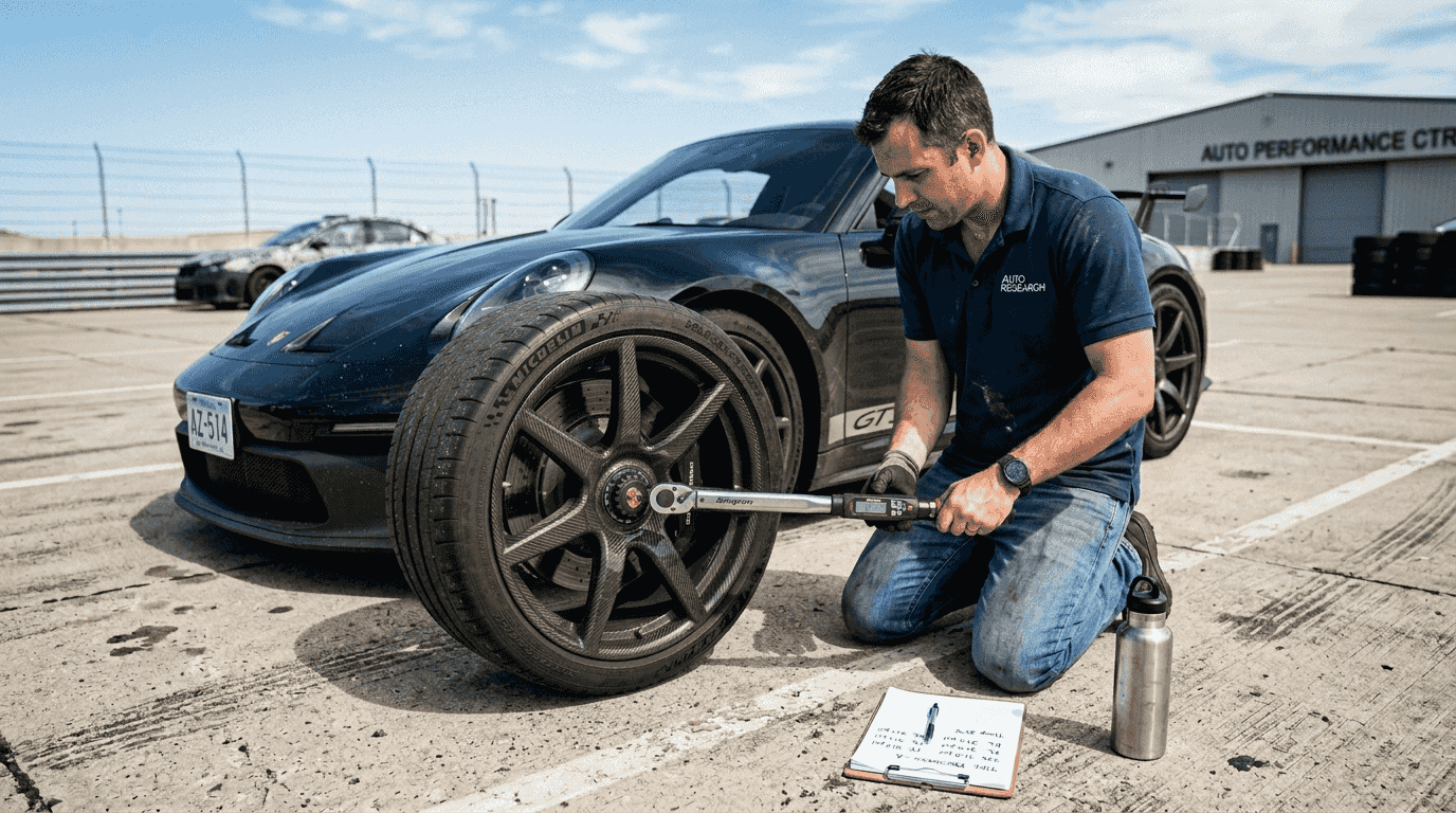 Engineer checks carbon fiber wheel on sports car
