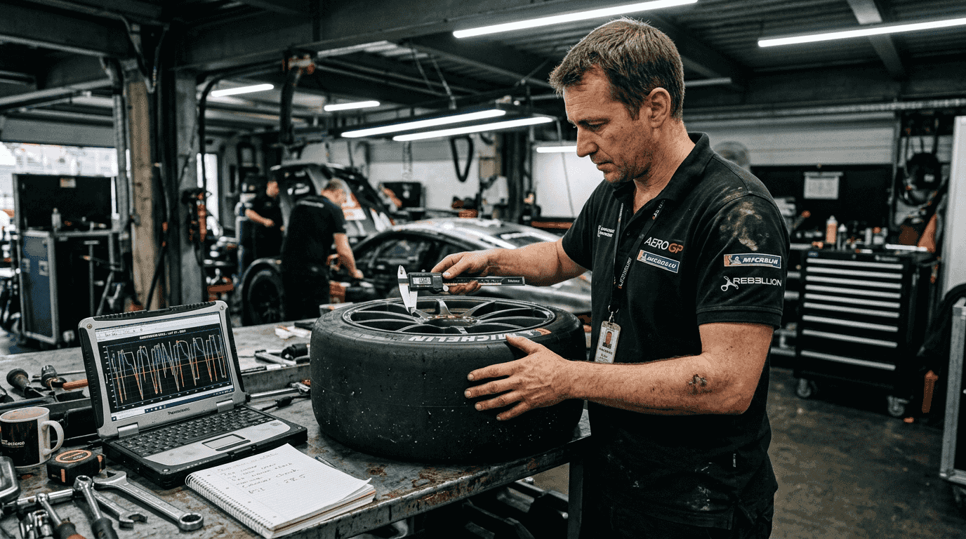 Engineer inspecting racing wheel in garage