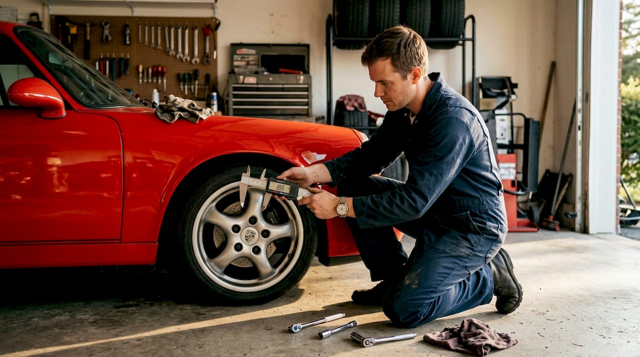 Car technician measuring wheel diameter in garage