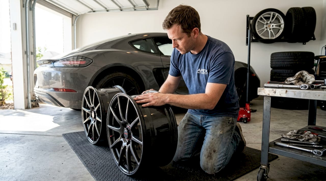 Enthusiast inspecting carbon wheels in garage
