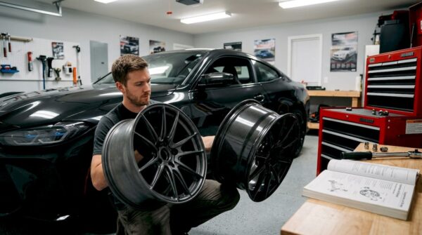Car enthusiast comparing performance wheels in garage