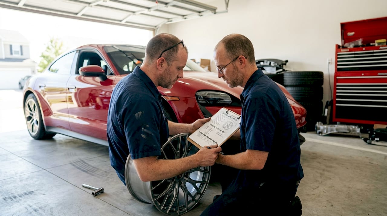 Engineer checking wheel fitment on luxury car