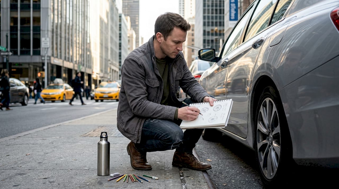 Designer examining sedan wheels on busy street
