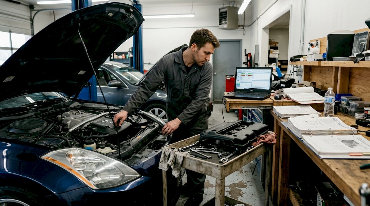 Mechanic tuning sports car in busy garage