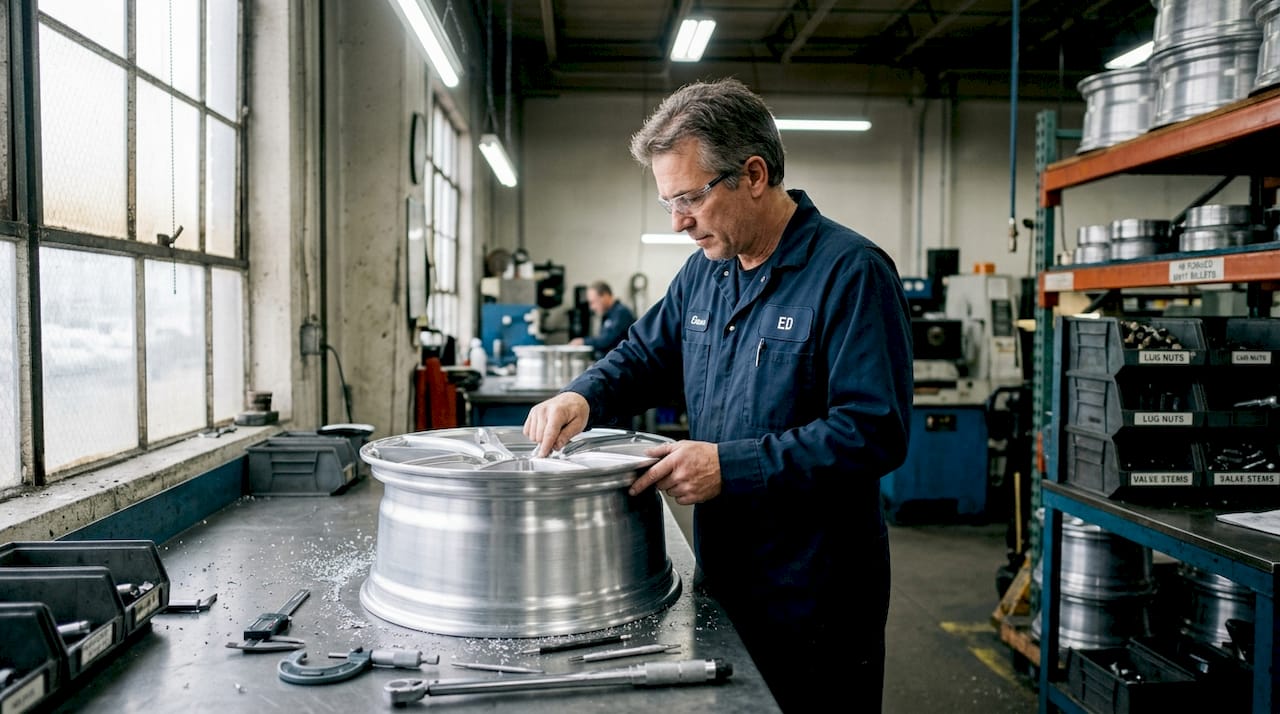 Technician inspecting forged aluminum wheel
