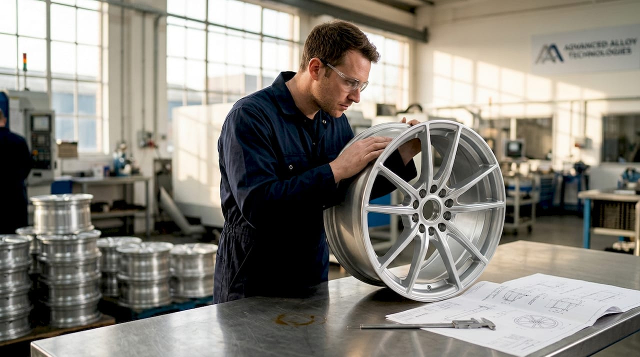 Engineer inspecting high-performance alloy wheel