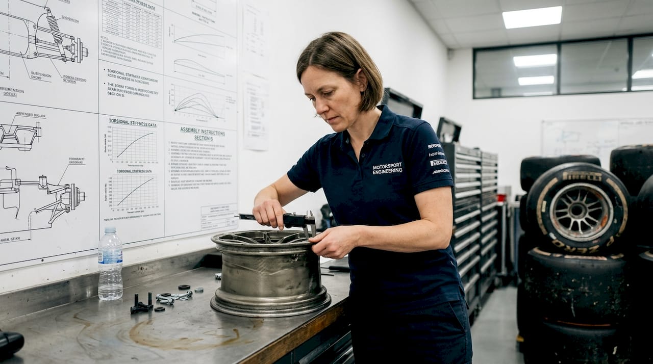 Engineer inspecting bespoke motorsport racing wheel