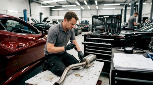Technician installing exhaust on Ferrari in workshop