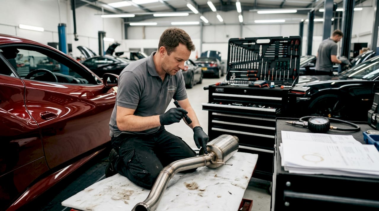 Technician installing exhaust on Ferrari in workshop