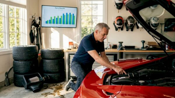 Car owner checks performance parts in garage