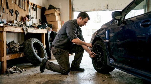 Mechanic swapping lightweight car wheel