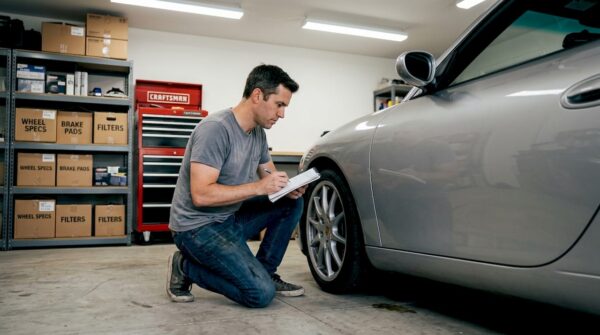 Man inspecting sports car wheels in garage