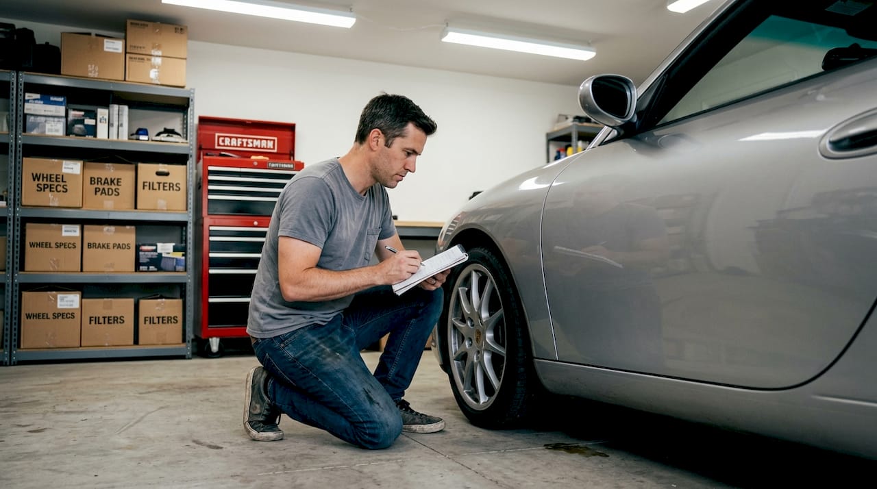 Man inspecting sports car wheels in garage