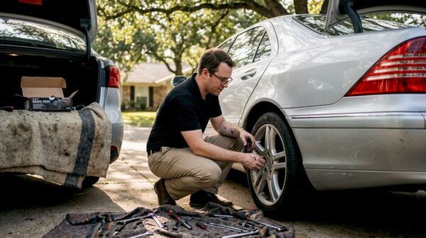 Car owner upgrades luxury car brakes outdoors