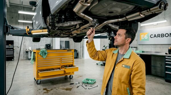 Technician installing new car exhaust system