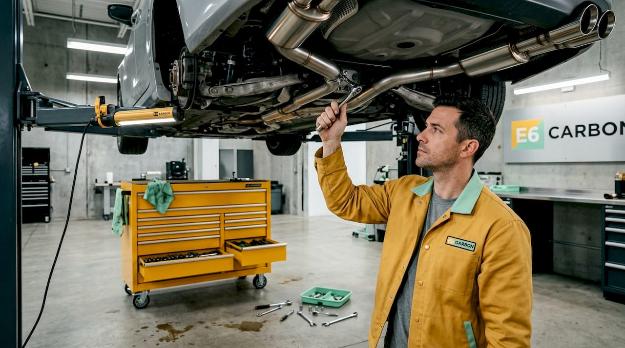Technician installing new car exhaust system