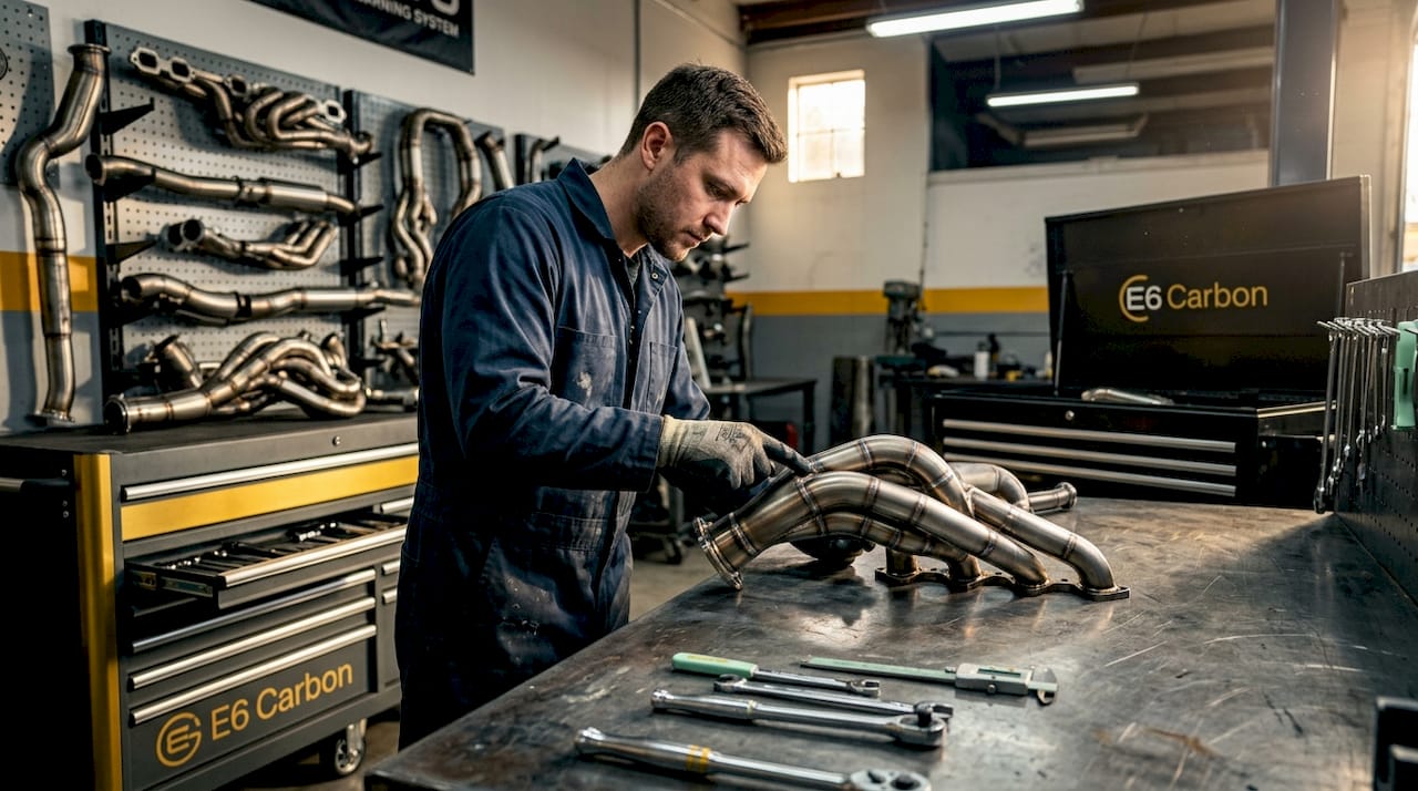 Technician checks titanium exhaust system on workbench