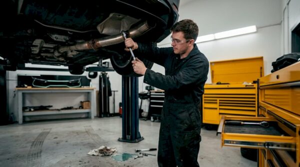 Mechanic installing downpipe under lifted car in garage