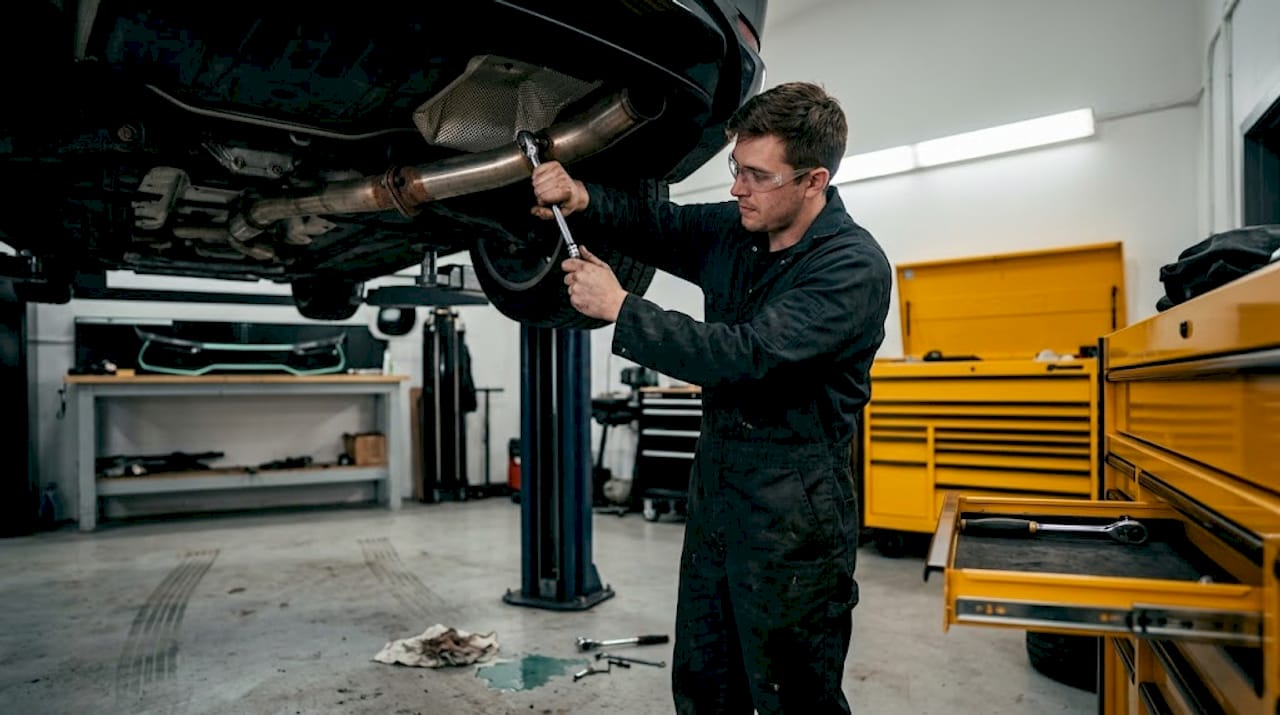 Mechanic installing downpipe under lifted car in garage