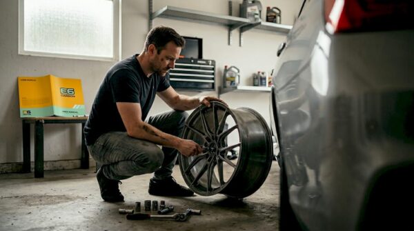 Man inspecting concave wheel in home garage
