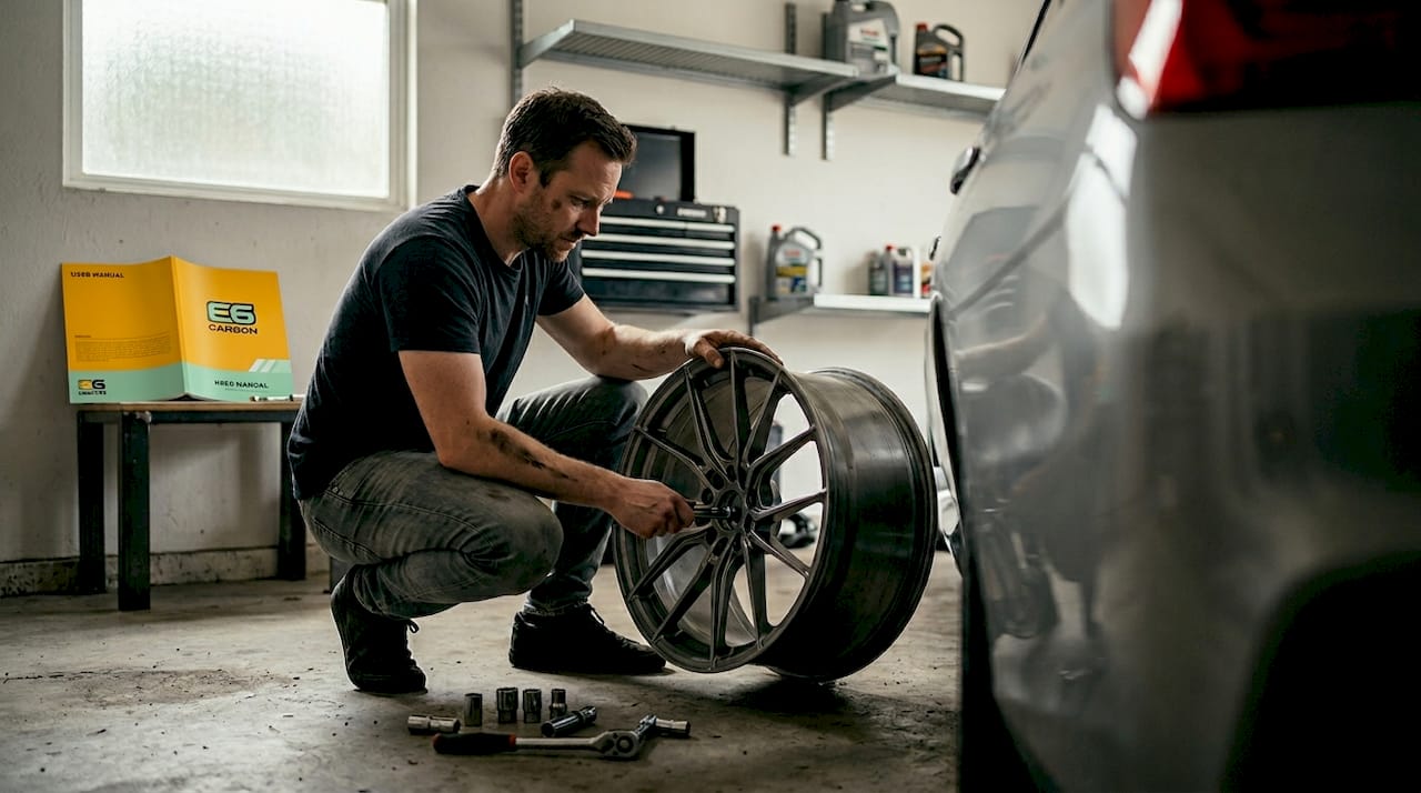 Man inspecting concave wheel in home garage