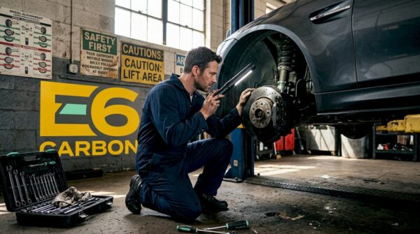 Mechanic examining wheel and suspension in garage