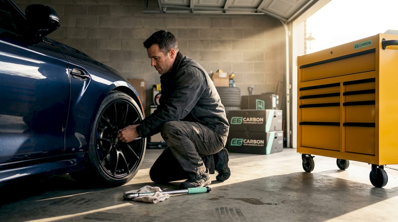 Car enthusiast fits lightweight wheel in garage