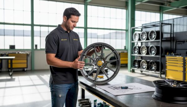 Engineer examines racing wheel in studio