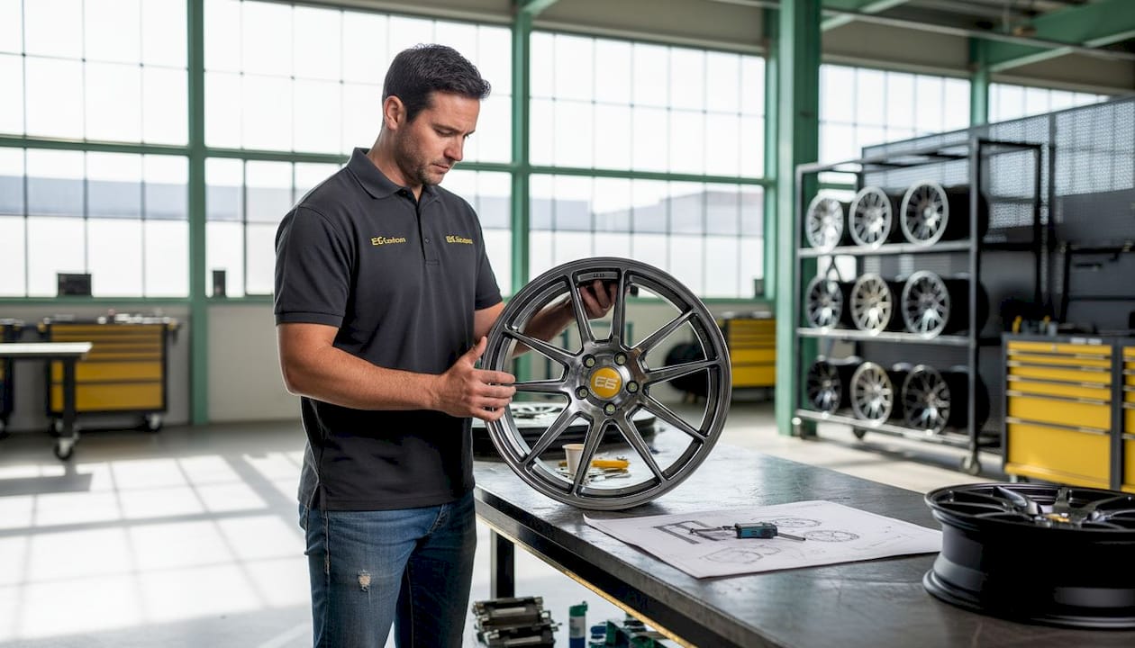 Engineer examines racing wheel in studio