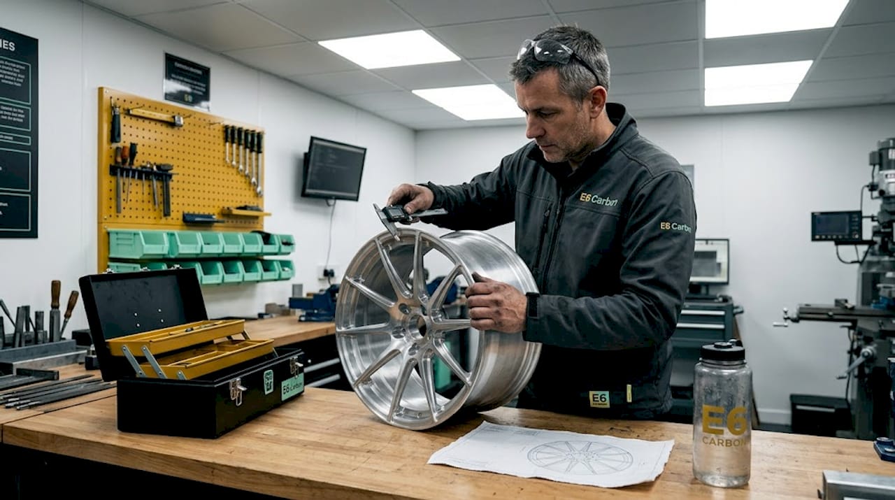Technician inspecting CNC machined wheel in workshop