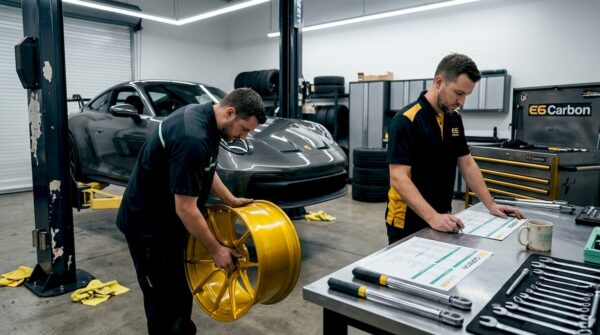 Technicians upgrading car wheels in garage