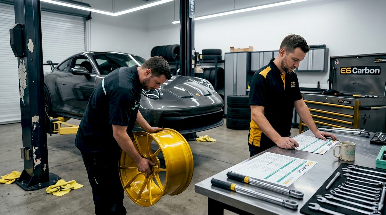 Technicians upgrading car wheels in garage