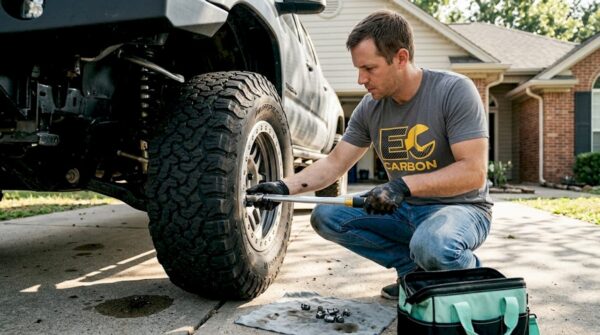 Technician inspecting beadlock wheel on truck