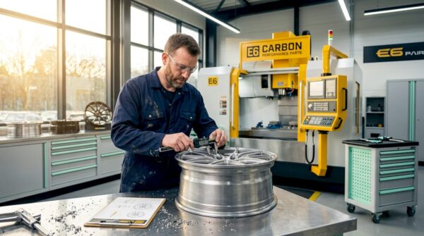 Machinist inspecting CNC milled forged wheel