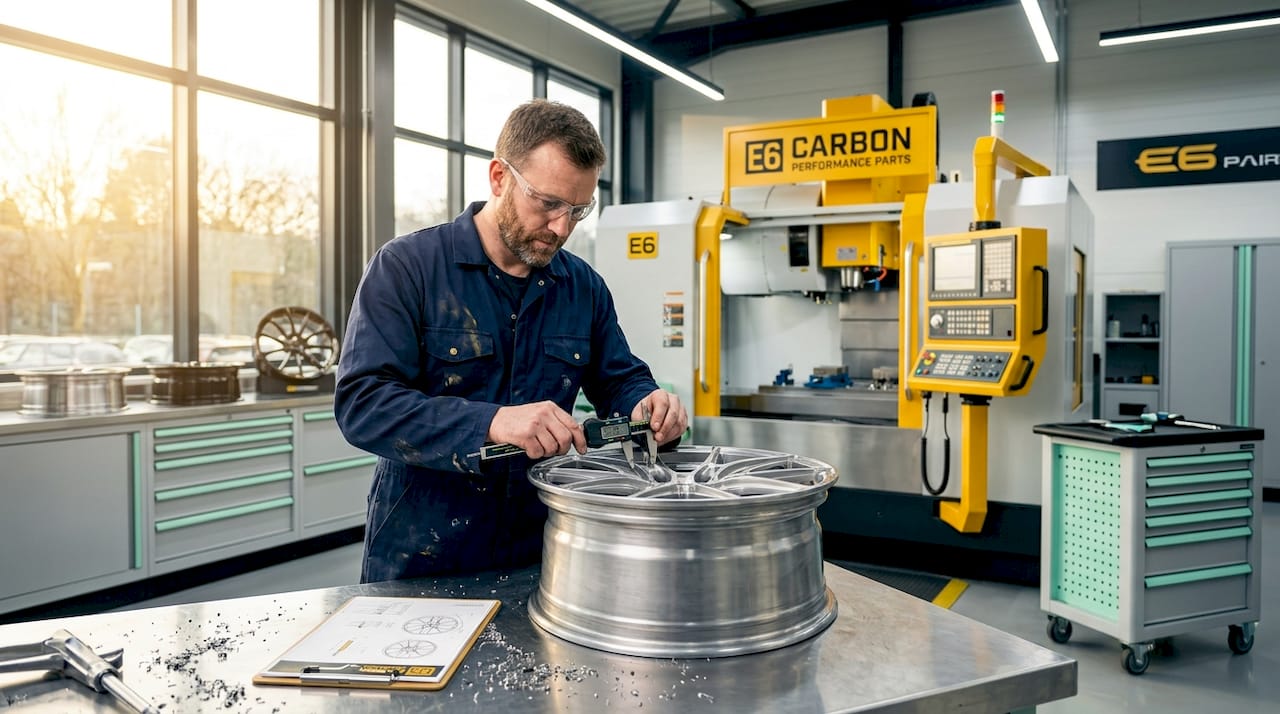 Machinist inspecting CNC milled forged wheel