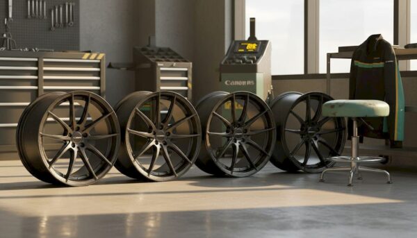 Carbon composite wheels on display in workshop