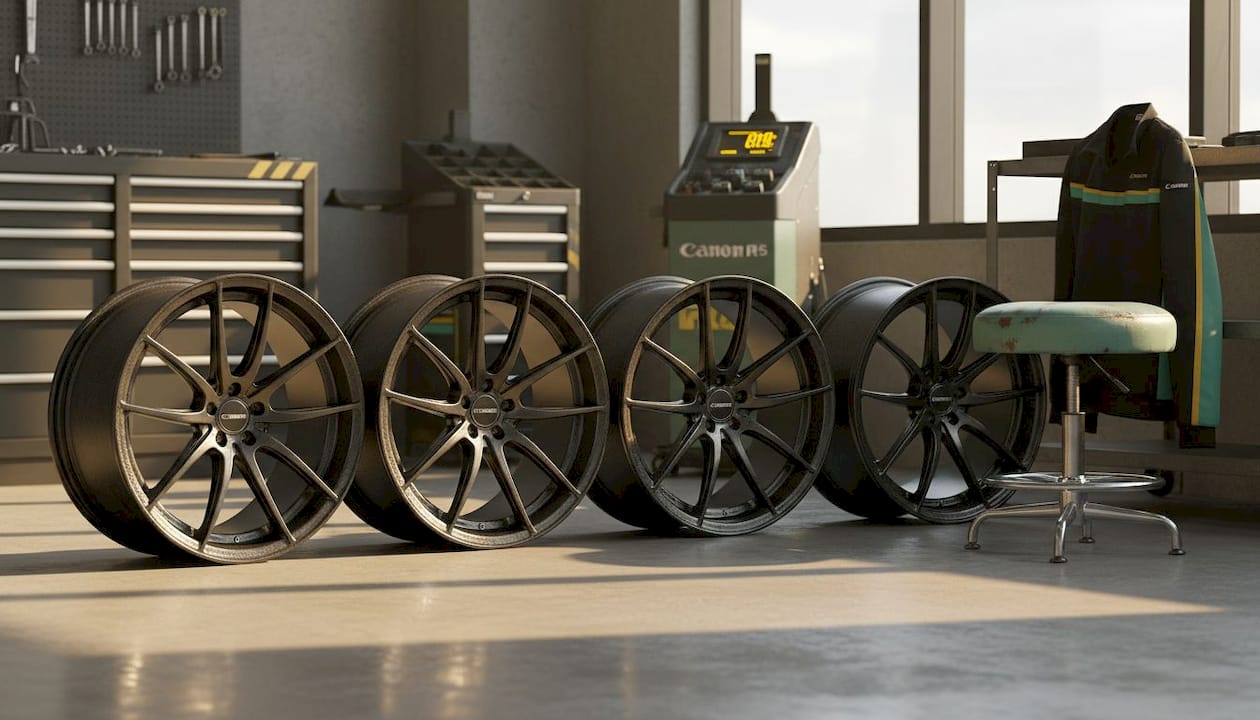 Carbon composite wheels on display in workshop