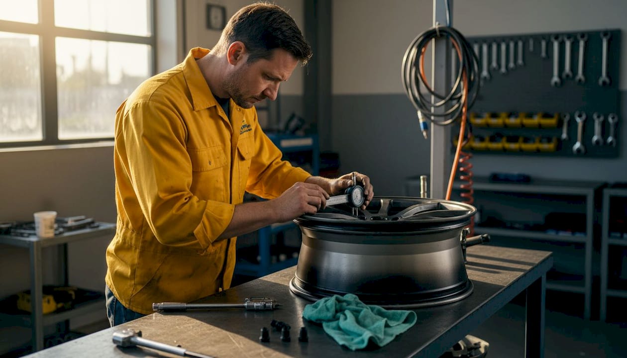 Technician checks forged wheel tolerances