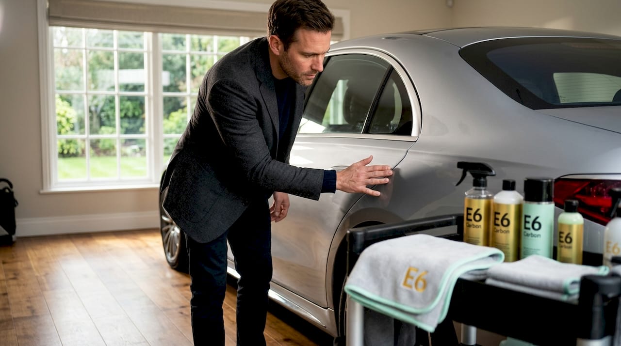 Man inspecting paintwork of luxury car
