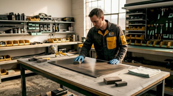 Technician preparing carbon fiber part in workshop