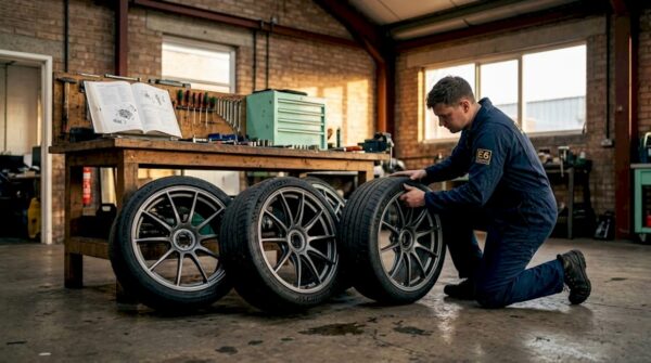 Mechanic with track wheels in garage