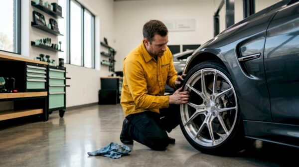 Technician checking forged wheel on sports car