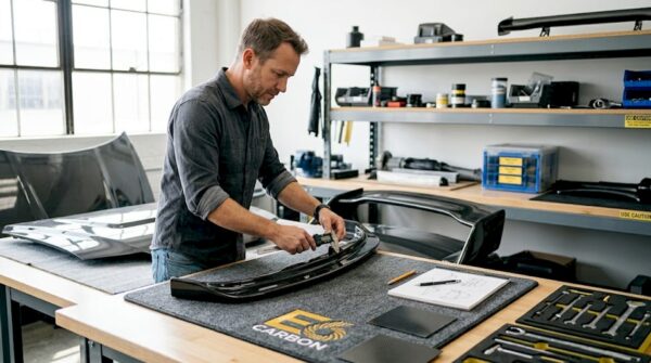 Engineer sorting carbon fiber car parts