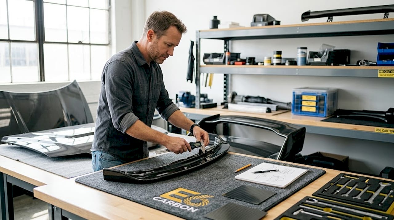 Engineer sorting carbon fiber car parts