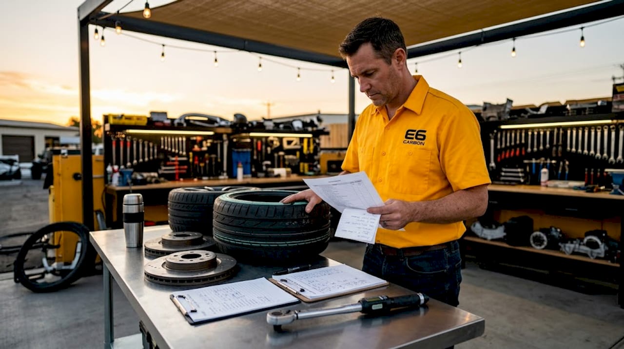 Builder reviewing track parts checklist in garage